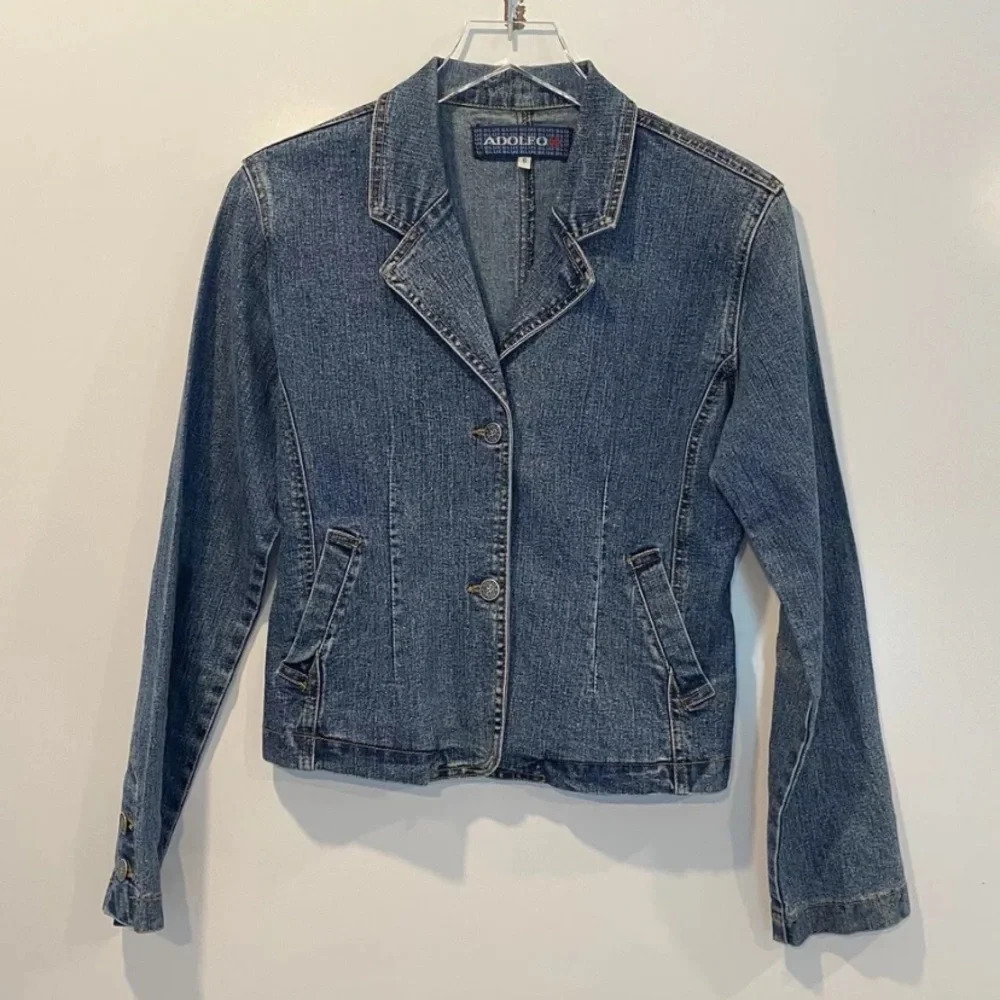 Adolfo Blue Linen Cotyon Blend Denim Jean Jacket Blazer Womens Size Small (E)